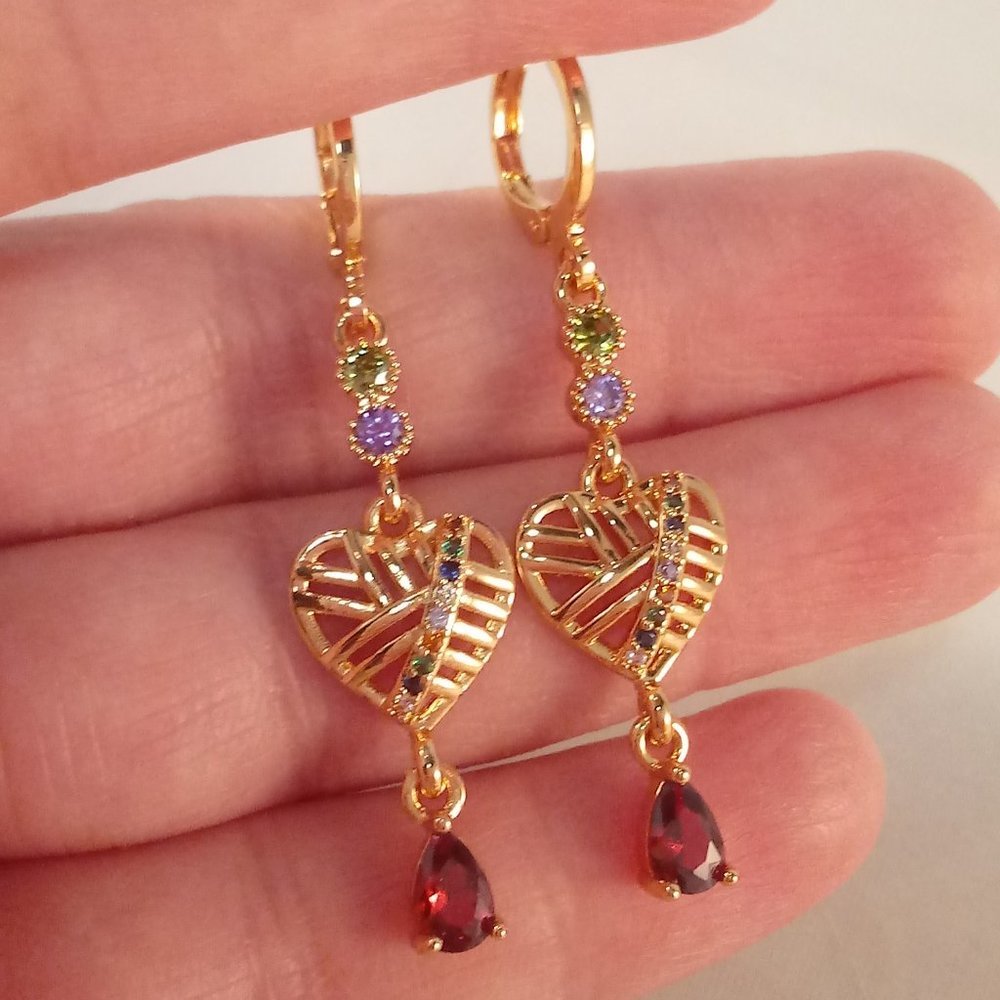 18K Yellow Gold Filled Garnet Red Diamond Zircon Carved Heart Dangle Earrings
